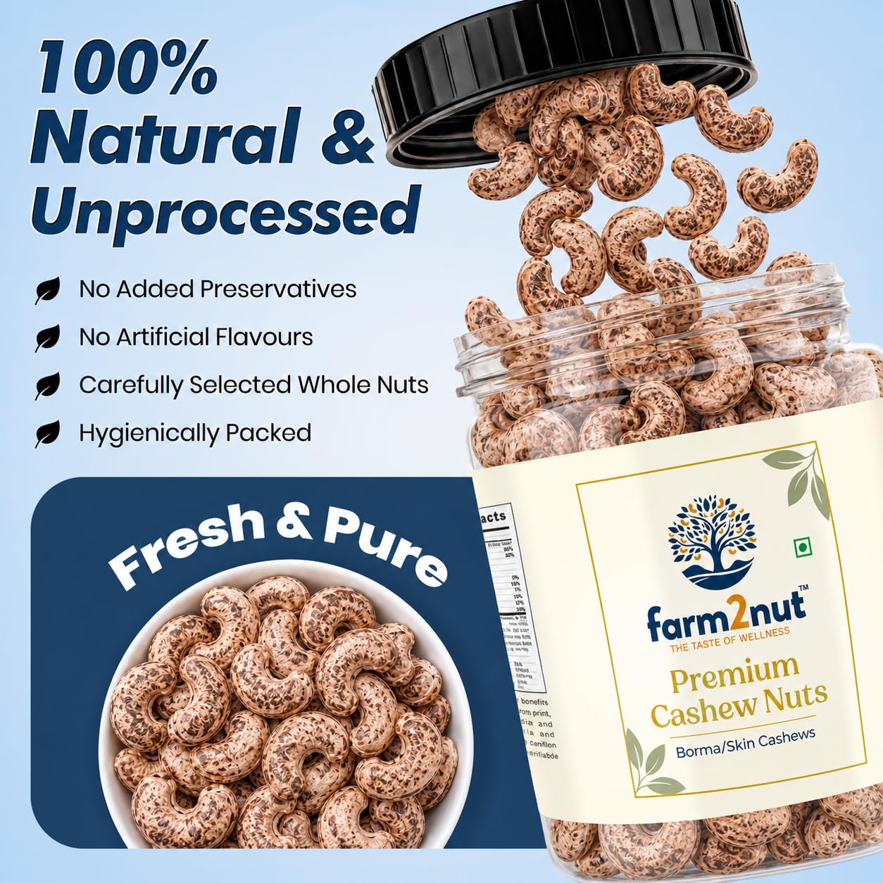 farm2nut Premium Borma Cashews/Skin Cashew Nuts Natural Unpeeled Whole Kaju Packed in Reusable Jar. Goa cashew nuts