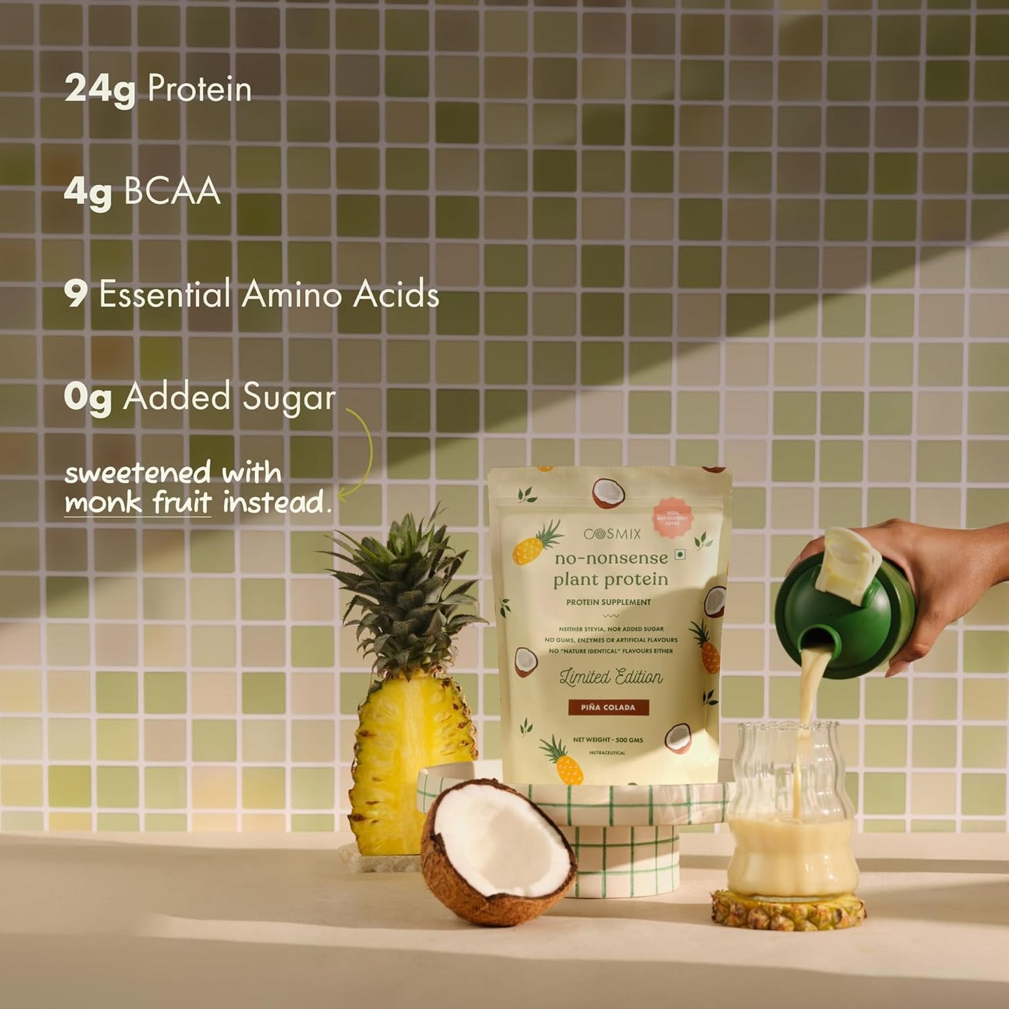 Cosmix No-Nonsense Plant Protein | 23 Protein/Serve, 1Kg Pouch | Pina Colada | Plant Based Protein, Pea & Rice Isolate | Clean, Easy to Digest | All Essential Amino Acids
