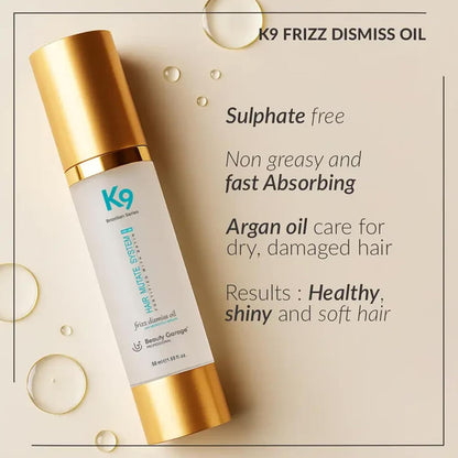Beauty Garage K9 Frizz Dismiss Moroccan Argan Oil | Lightweight Hair Serum with Heat & UV Protection | Argan Oil of Morocco For Frizz Control, Volume Boost & Deep Hydration | 50 ml
