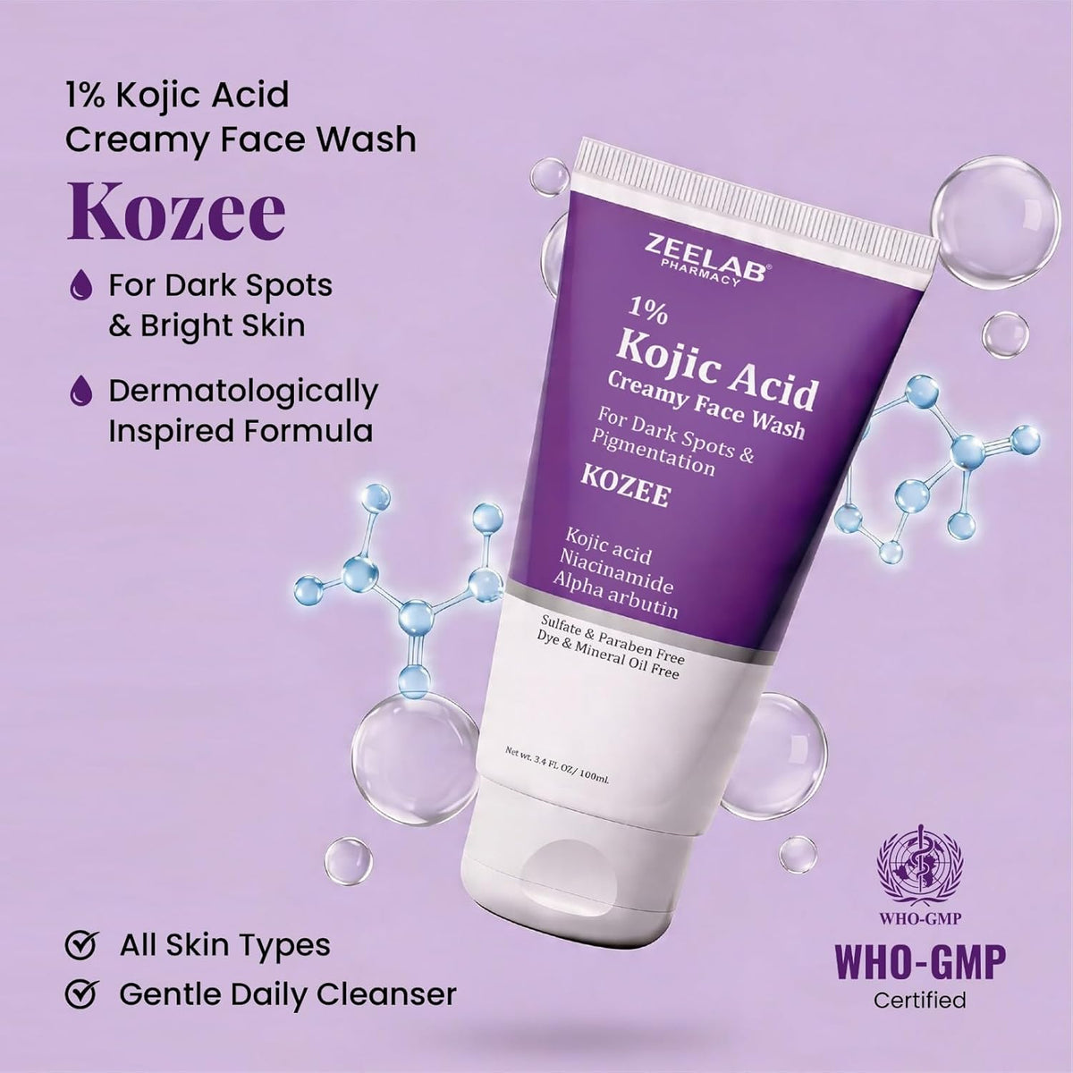 Kozee 1% Kojic Acid Creamy Face Wash tube on a purple background with product details.
