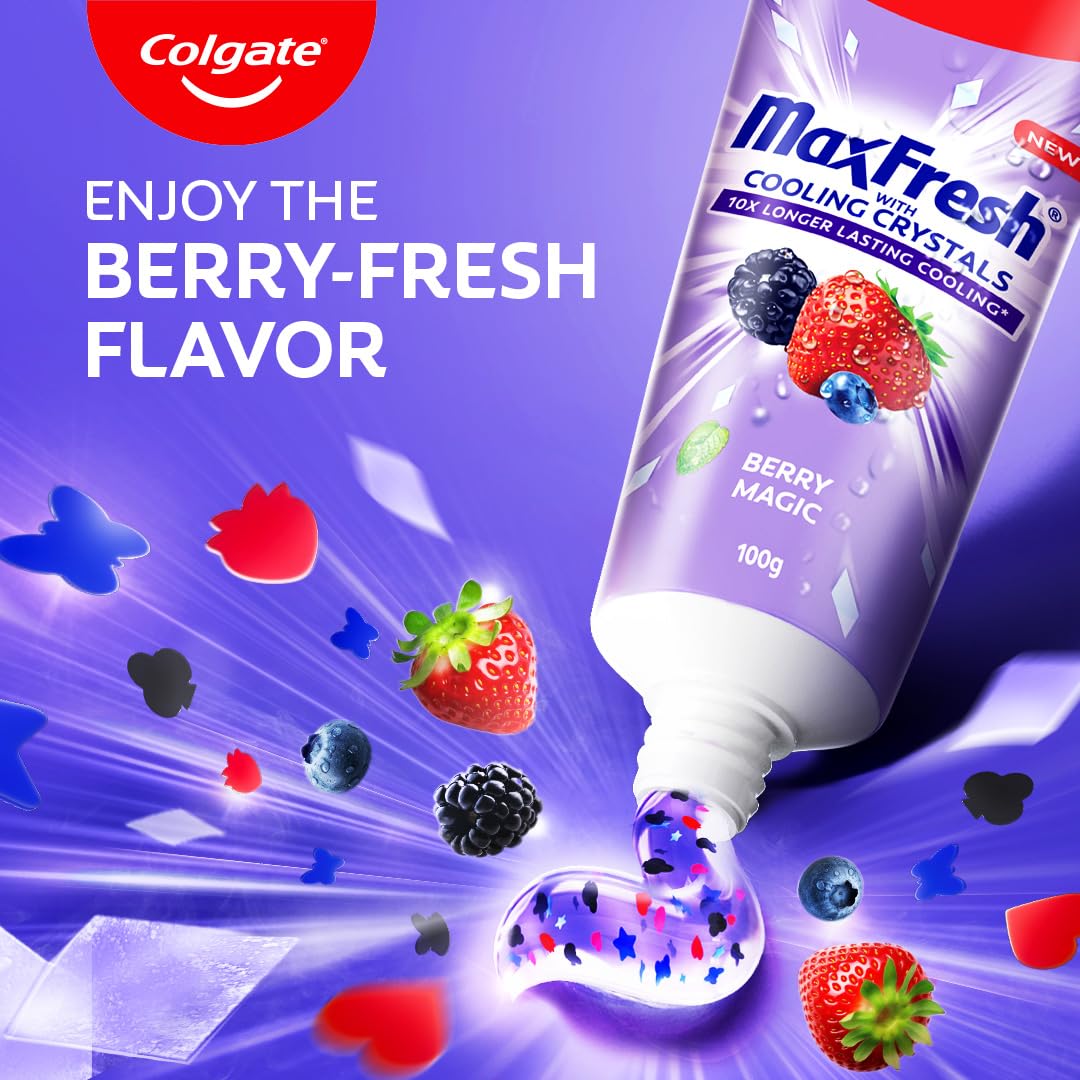 Colgate MaxFresh Berry Magic Fluoride Toothpaste, Berry Flavoured Gel Toothpaste with Ultrafreeze Technology for Intense Freshness, 10x Longer-lasting Cooling 200 gm (Pack of 2 x 100g)