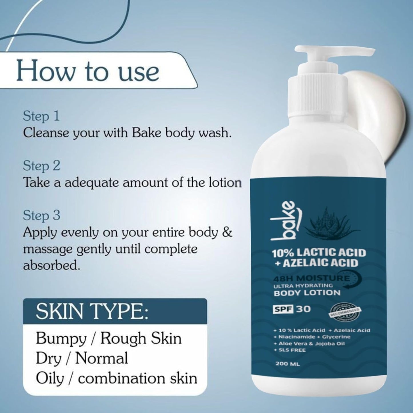 BAKE 10% Lactic Acid Body Lotion with Azelaic Acid | Smooths Rough & Bumpy Skin, Exfoliates Skin & Reduces Body Acne | Ultra Hydrating Body Lotion | 200ml