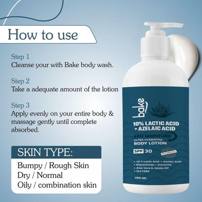 BAKE 10% Lactic Acid Body Lotion with Azelaic Acid | Smooths Rough & Bumpy Skin, Exfoliates Skin & Reduces Body Acne | Ultra Hydrating Body Lotion | 200ml
