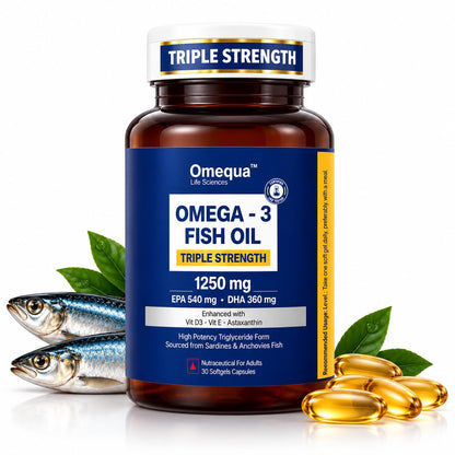 Omequa Omega 3 Fish Oil 1250 mg (Triple Strength) – 30 Softgels | EPA 540 mg DHA 360 mg | Triglyceride Form | With Astaxanthin, Vitamin D3 & E | Lab Tested Omega 3 Supplement