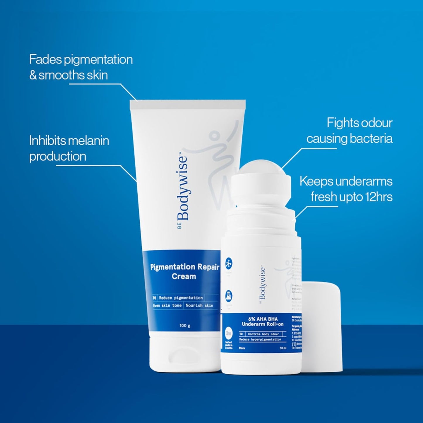 Be Bodywise Advanced Pigmentation Kit | With 6% AHA BHA Flora Underarm Roll-On (50ml) & Pigmentation Repair Cream (100g) | Reduces Body Odor, Fades Pigmentation & Corrects Uneven Skin Tone