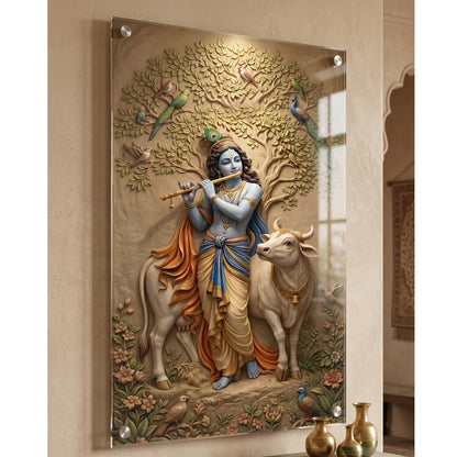 Krishna with Cow Acrylic Wall Painting for Living Room | 4MM Acrylic Glass Wall Decor | Vastu Krishna Canvas Art for Home Decoration, Bedroom, Office Wall Decoration | Spiritual Tree of Life Painting (12x23 inch)