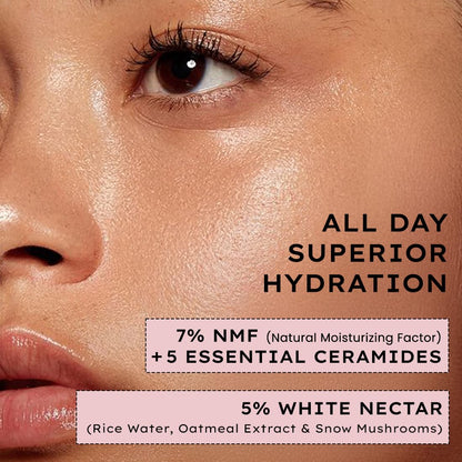 Close-up of a person's eye with text highlighting 'All Day Superior Hydration' and skincare ingredients.