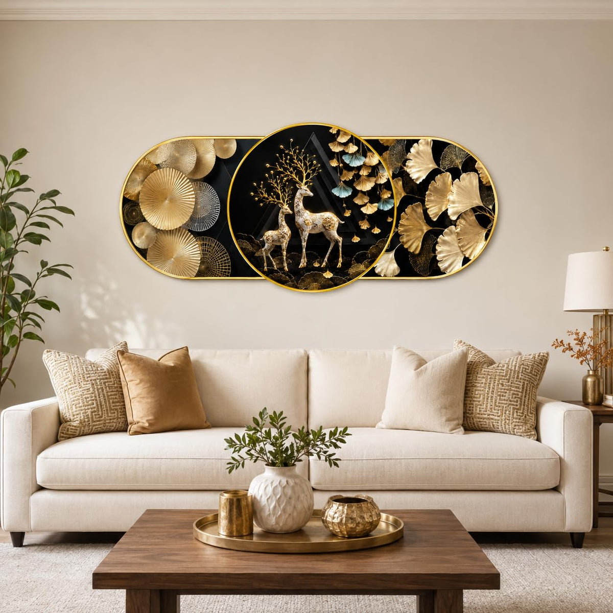 Luxury Deer & Golden Ginkgo Leaf Wall Painting for Living Room Bedroom Kids Room Decor, Black Gold Round Art with Premium PVC Golden Frame (16 x 35 Inch)