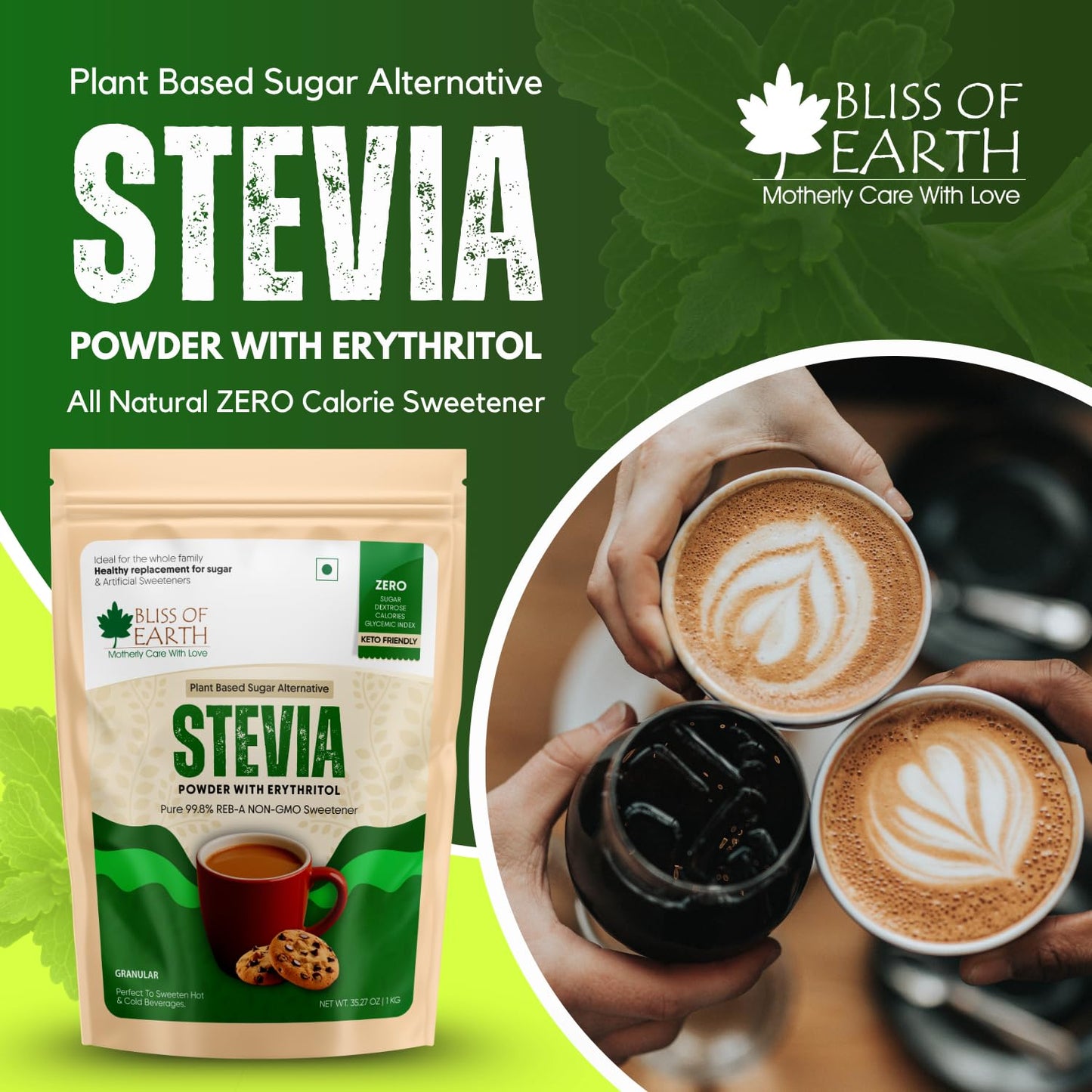 Bliss of Earth Stevia Powder, Sugar Free Zero Calorie Sweetener Diabetic and Keto Friendly 99.8% Purity Vegetarian Gluten Free Quick Dissolve, 1 KG