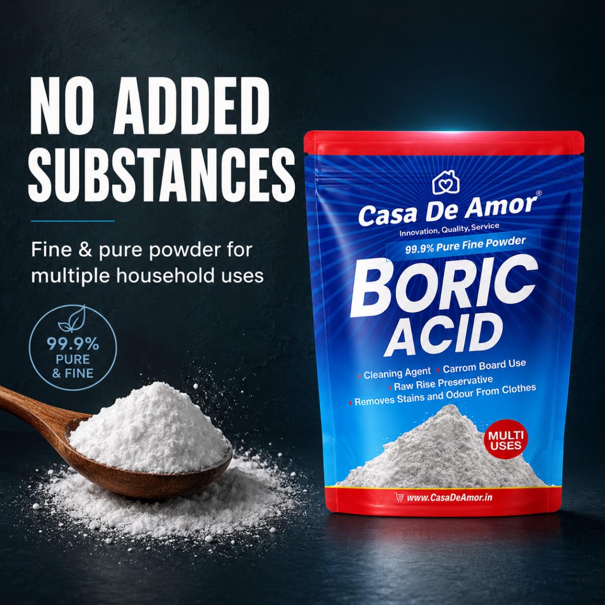 Casa De Amor Boric Acid - 99.9% Pure Fine Powder (100 gms) | Highly Effective for Removing Pests Cockroaches, Ants, Silverfishes, for Carrom Board, Rice Preservative, Multi-Purpose, Anhydrous
