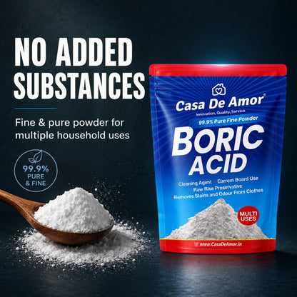 Casa De Amor Boric Acid - 99.9% Pure Fine Powder (100 gms) | Highly Effective for Removing Pests Cockroaches, Ants, Silverfishes, for Carrom Board, Rice Preservative, Multi-Purpose, Anhydrous