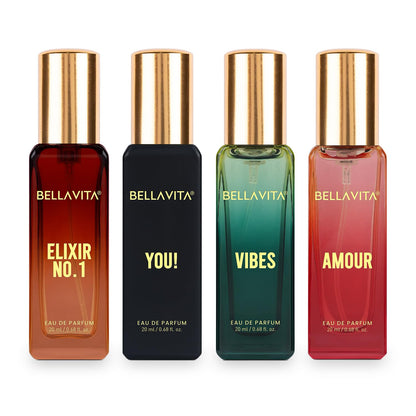 Four Bellavita perfume bottles with different colored bottles and gold caps on a white background.