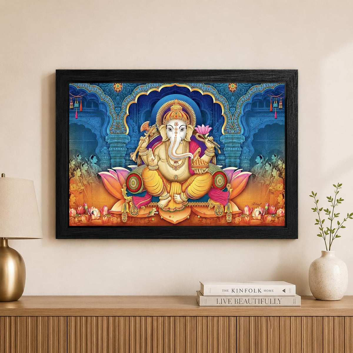 Wood Xtore Lotus Ganesha Art Framed Religious Painting, Ready to Hang (12inch x 18 inch, Multicolor)