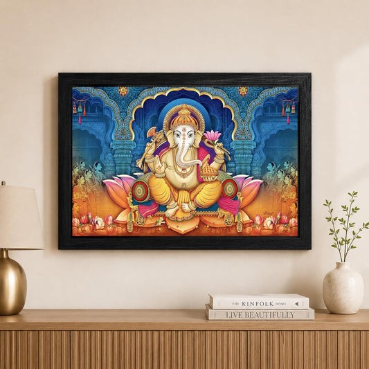 Wood Xtore Lotus Ganesha Art Framed Religious Painting, Ready to Hang (12inch x 18 inch, Multicolor)