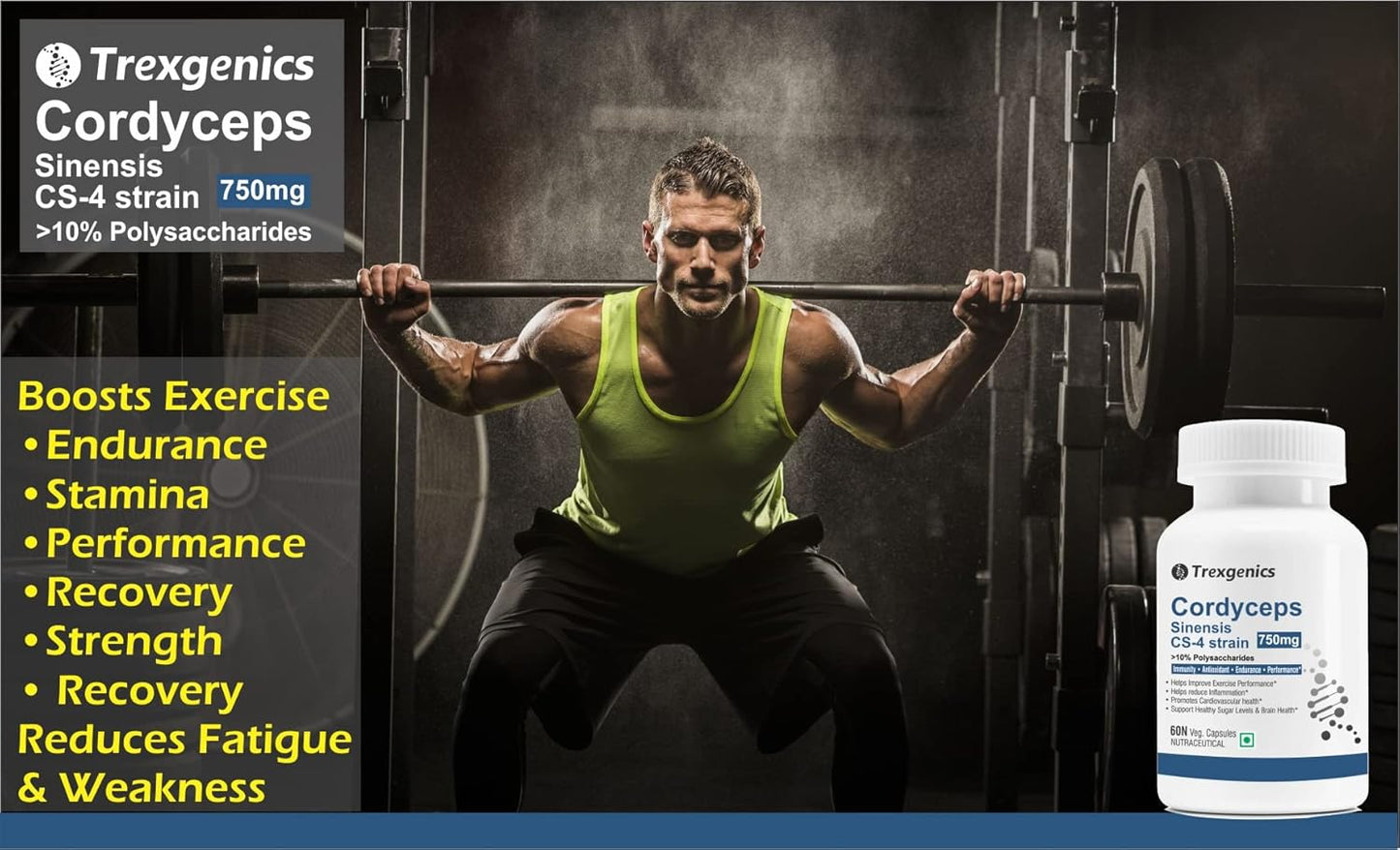 Man lifting weights with Trexigenics Cordyceps supplement bottle in foreground