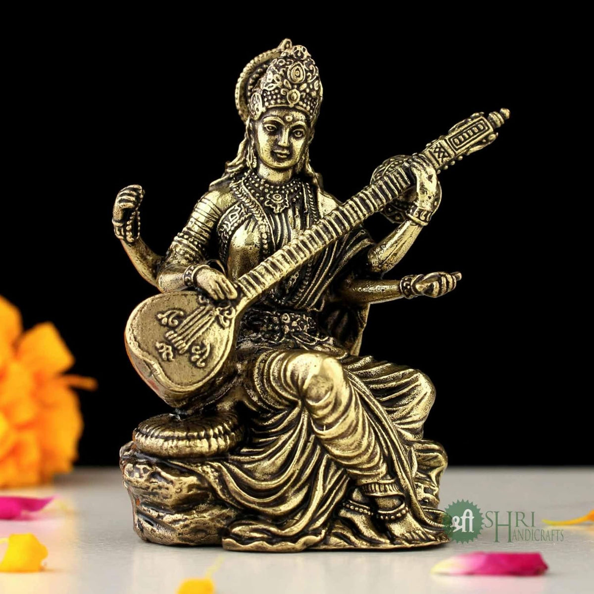 Handcrafted Brass Goddess Saraswati Statue for Home Temple | 3" Maa Saraswati Figurine Idol Murti Symbol of Learning & Creativity (Weight- 80gm)