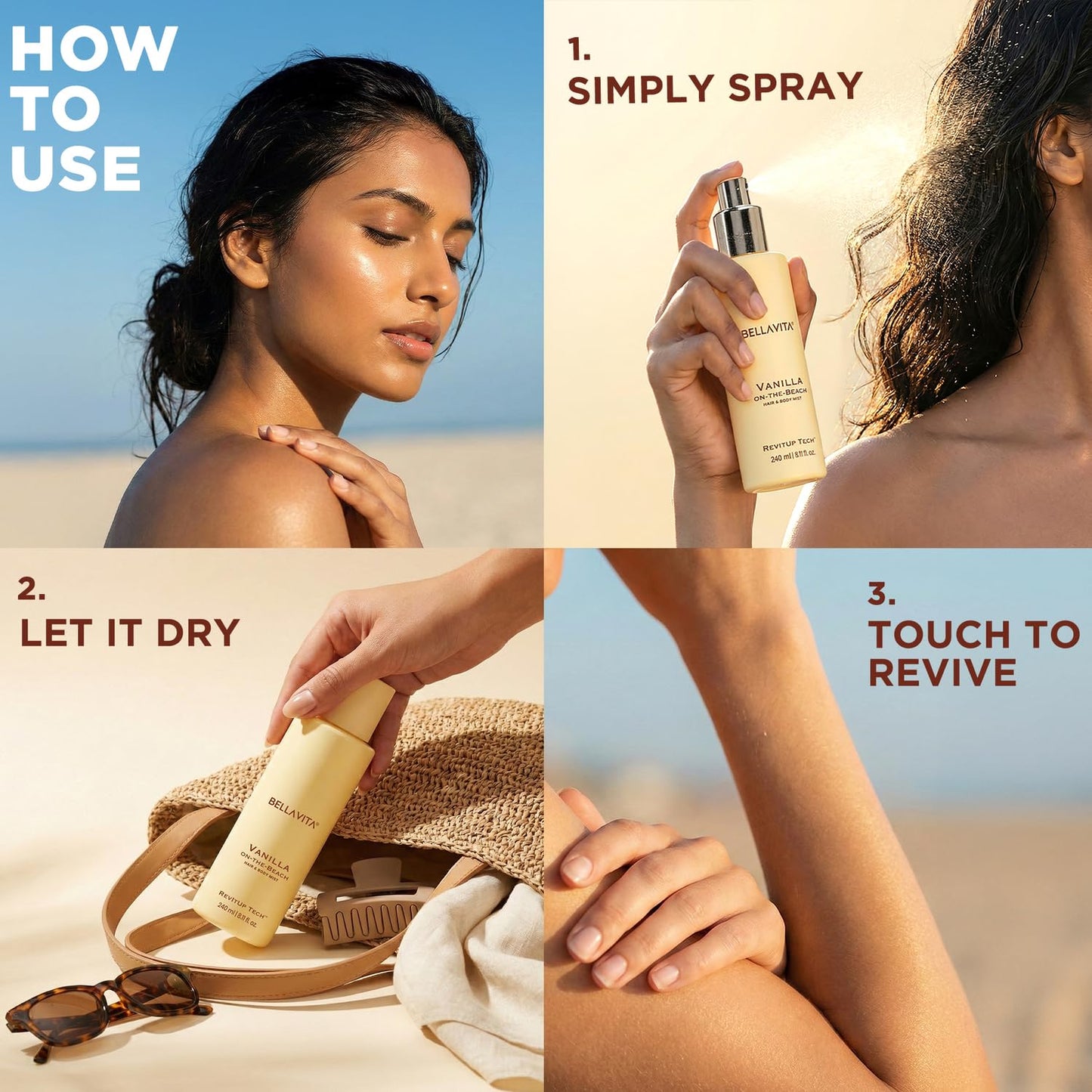 Step-by-step guide on how to use a sun protection product with a woman applying it on a beach.