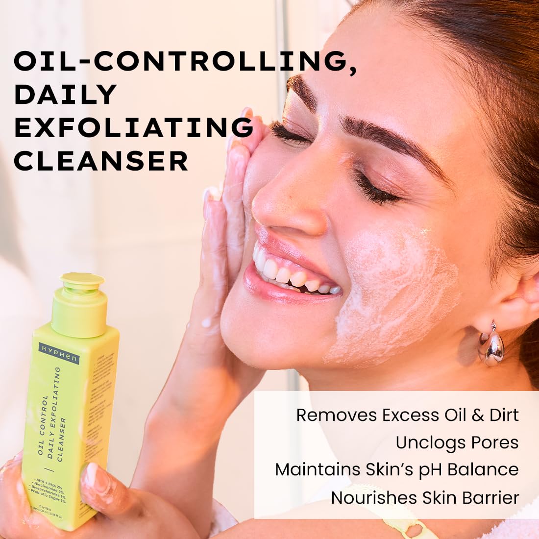 Woman applying facial cleanser with text about oil-controlling cleanser
