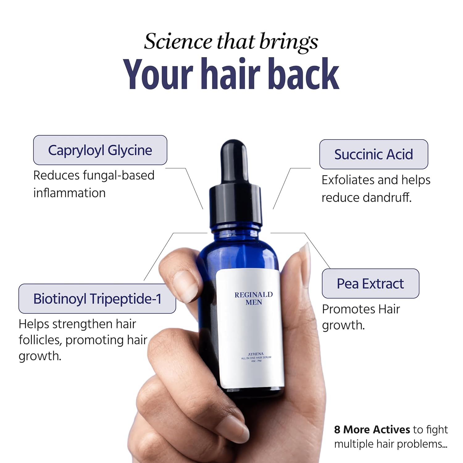 Hair serum bottle held by a hand with text detailing its ingredients and benefits