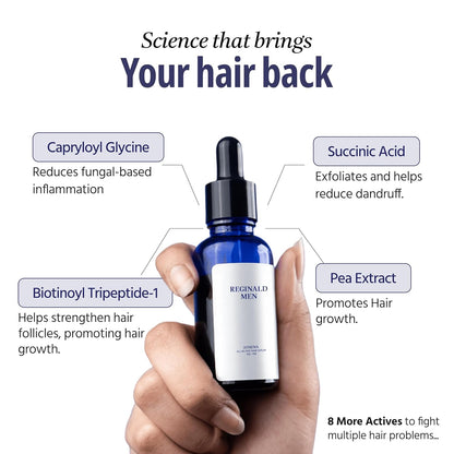 Hair serum bottle held by a hand with text detailing its ingredients and benefits