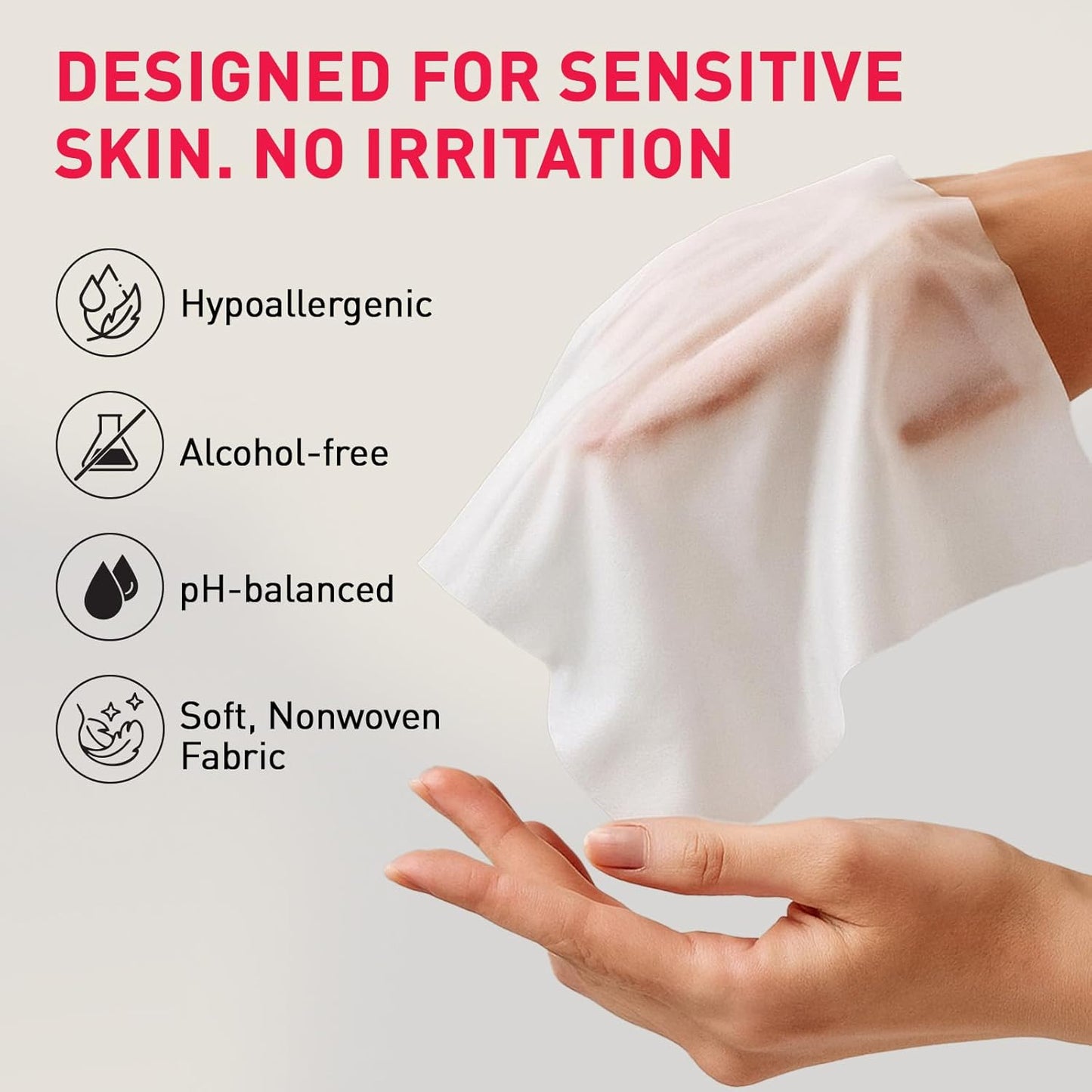 Product packaging with text 'Designed for sensitive skin. No irritation' and features of the product.