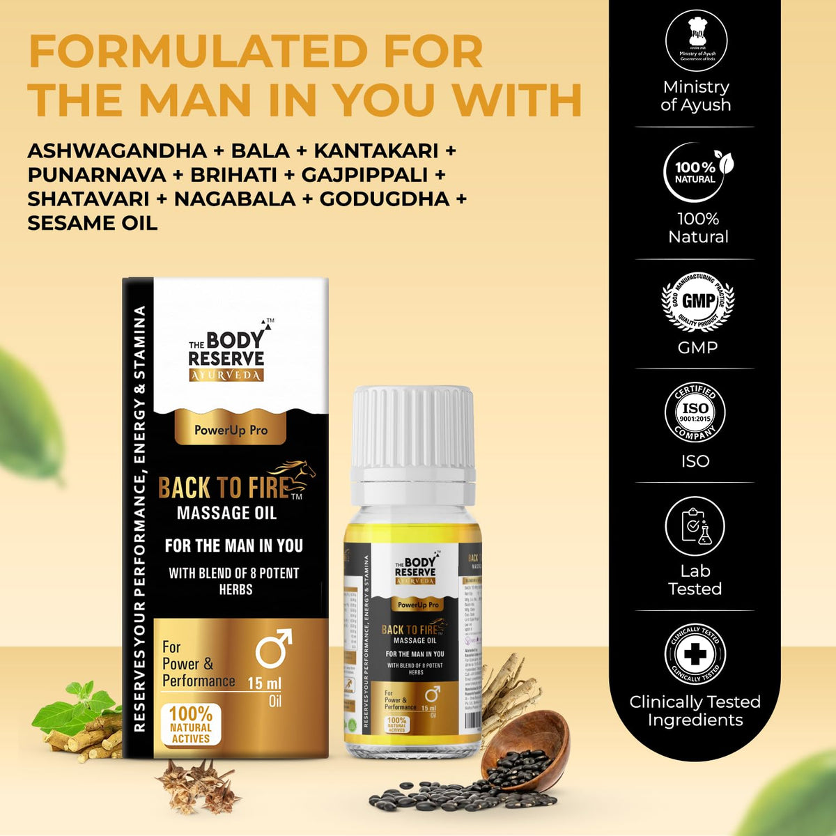 Product packaging of 'Back to Fire' massage oil with certification logos on a beige background