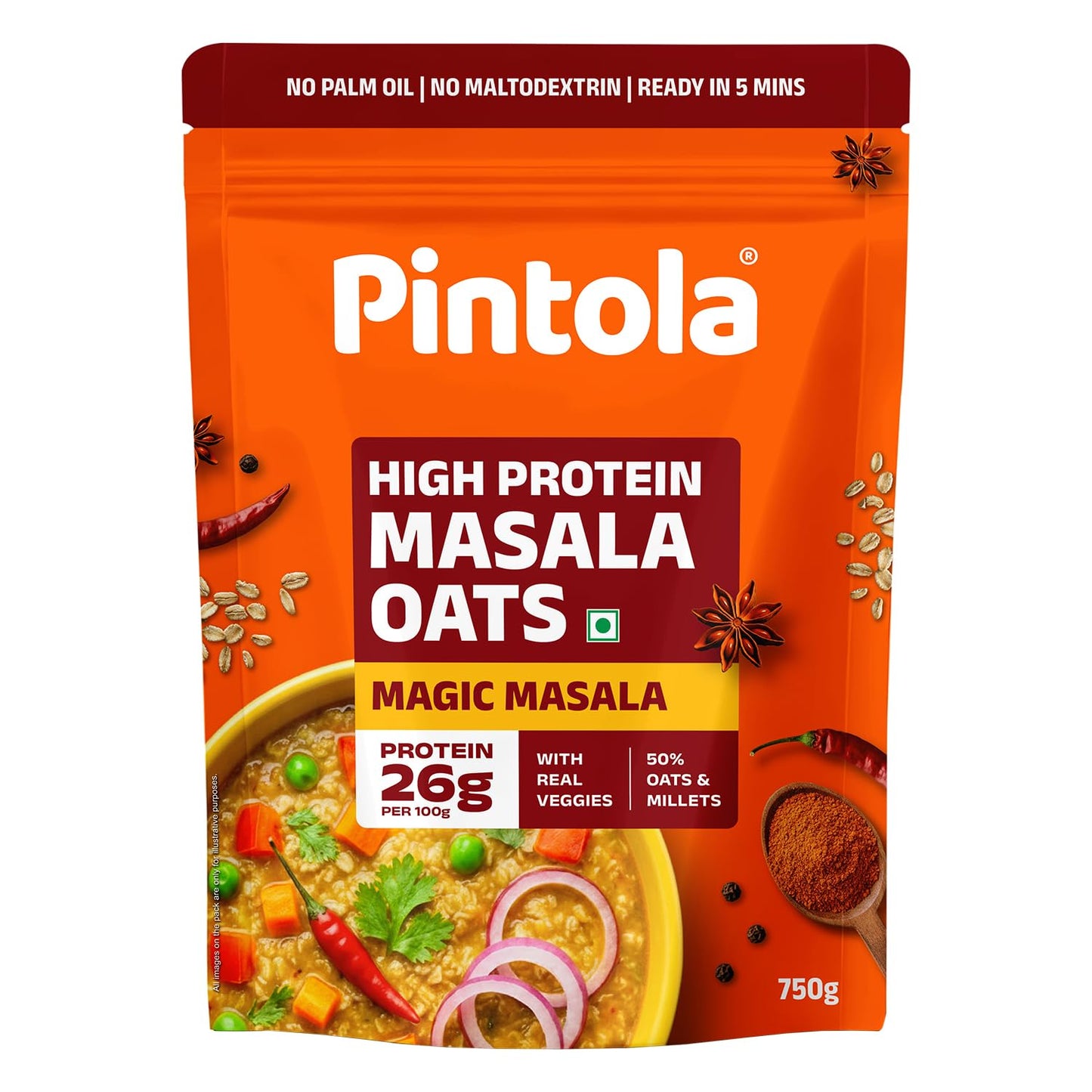 Pintola 26g High Protein Masala Oats, Magic Masala, Breakfast Cereal with High Fiber & Veggies, No Palm Oil, No Preservatives, 5 min Healthy Snack, Helps Manage Weight, Gym Endurance & Gut Friendly