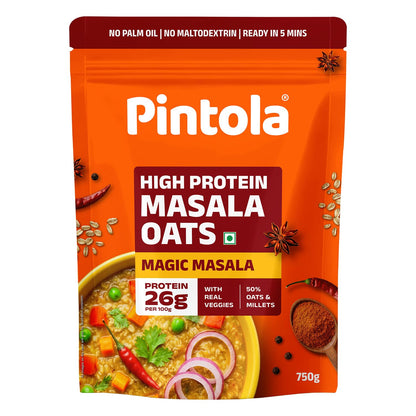 Pintola 26g High Protein Masala Oats, Magic Masala, Breakfast Cereal with High Fiber & Veggies, No Palm Oil, No Preservatives, 5 min Healthy Snack, Helps Manage Weight, Gym Endurance & Gut Friendly