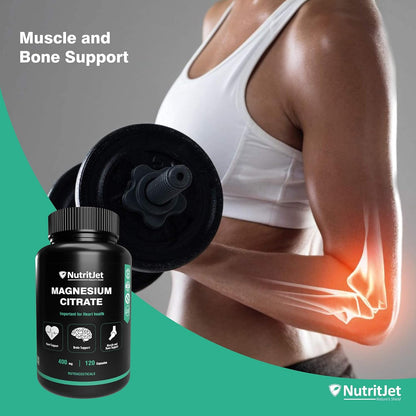 NutritJet Magnesium Citrate Powder Capsules 400mg [120 Caps] Pure Non-GMO Supplements, Natural Sleep Calm Relax