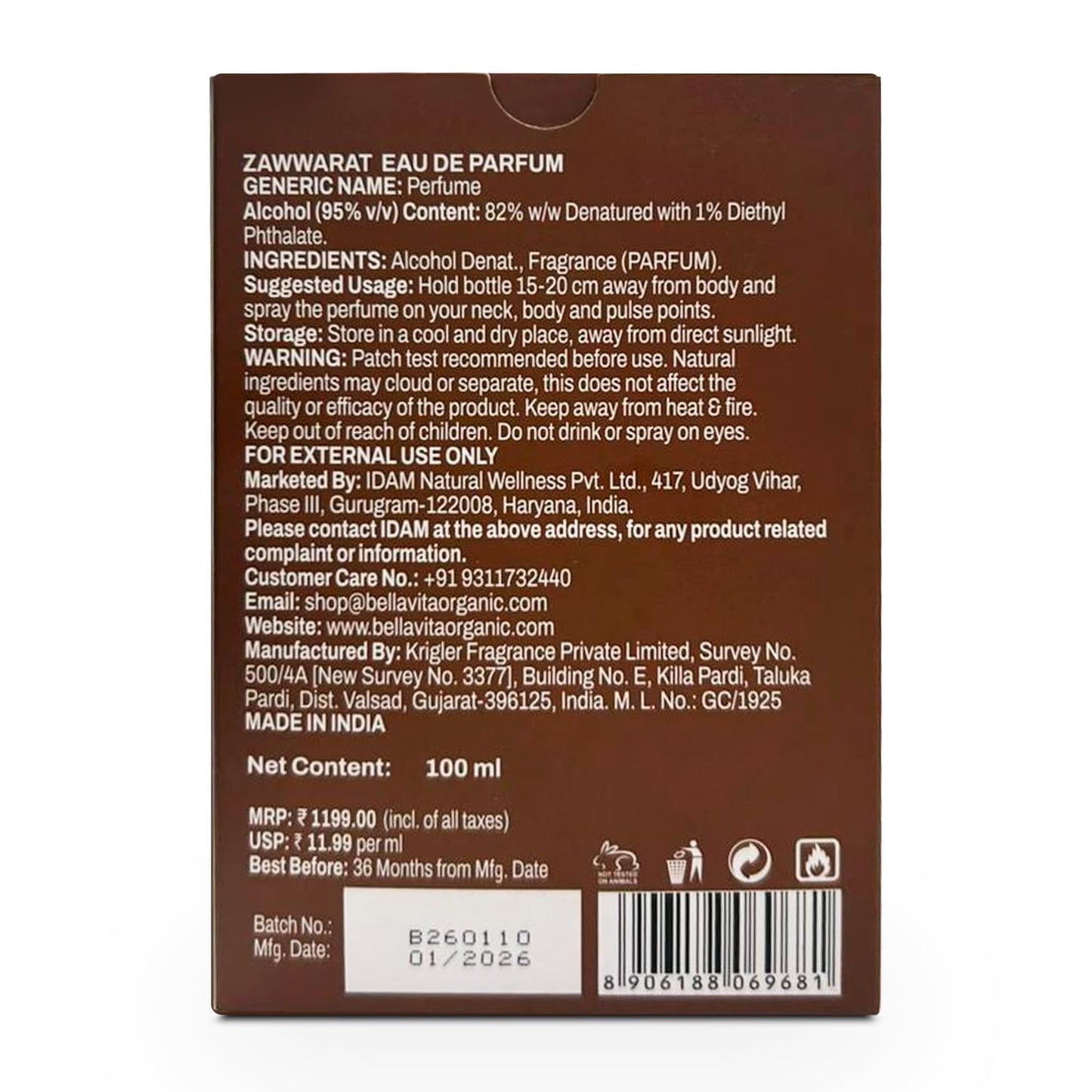 BELLAVITA ZAWWARAT | Dubai Crafted | Perfume For Man | 100ml | 25% Perfume Oil Concentration | Bergamot, Coffee, Tonka & Musk | Premium Long Lasting Fragnance