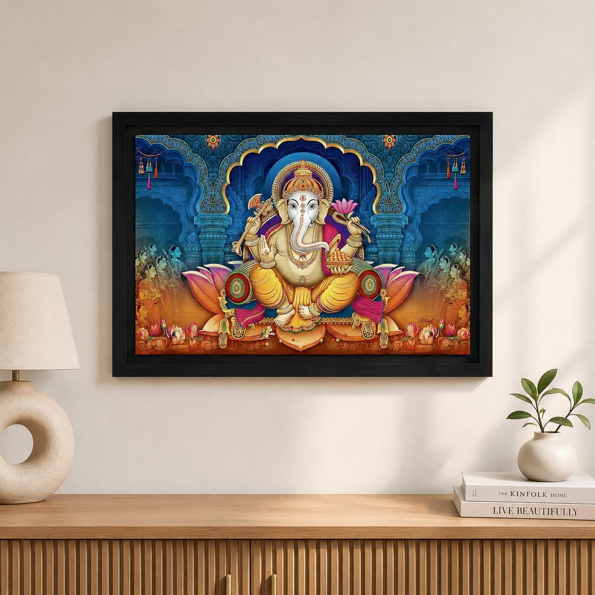 Wood Xtore Lotus Ganesha Art Framed Religious Painting, Ready to Hang (12inch x 18 inch, Multicolor)