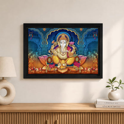 Wood Xtore Lotus Ganesha Art Framed Religious Painting, Ready to Hang (12inch x 18 inch, Multicolor)