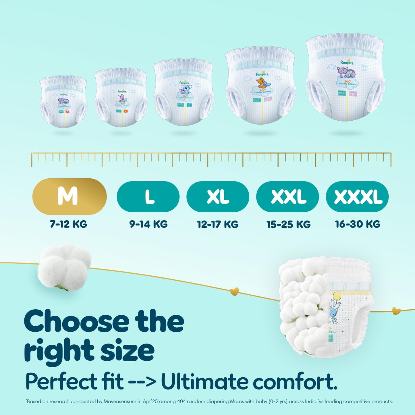 Pampers Premium Care Pant Style Baby Diapers M 54 Count | No Marks Design | Voted World #1 Softest Diaper | All in 1 diaper with 360 Cottony Softness