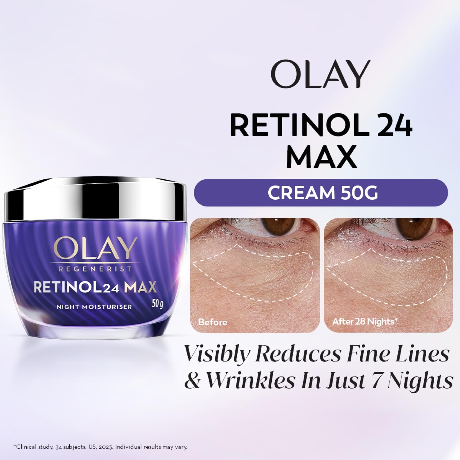 Olay Retinol 24 Max cream jar with before and after effects on skin.