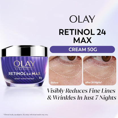 Olay Retinol 24 Max cream jar with before and after effects on skin.
