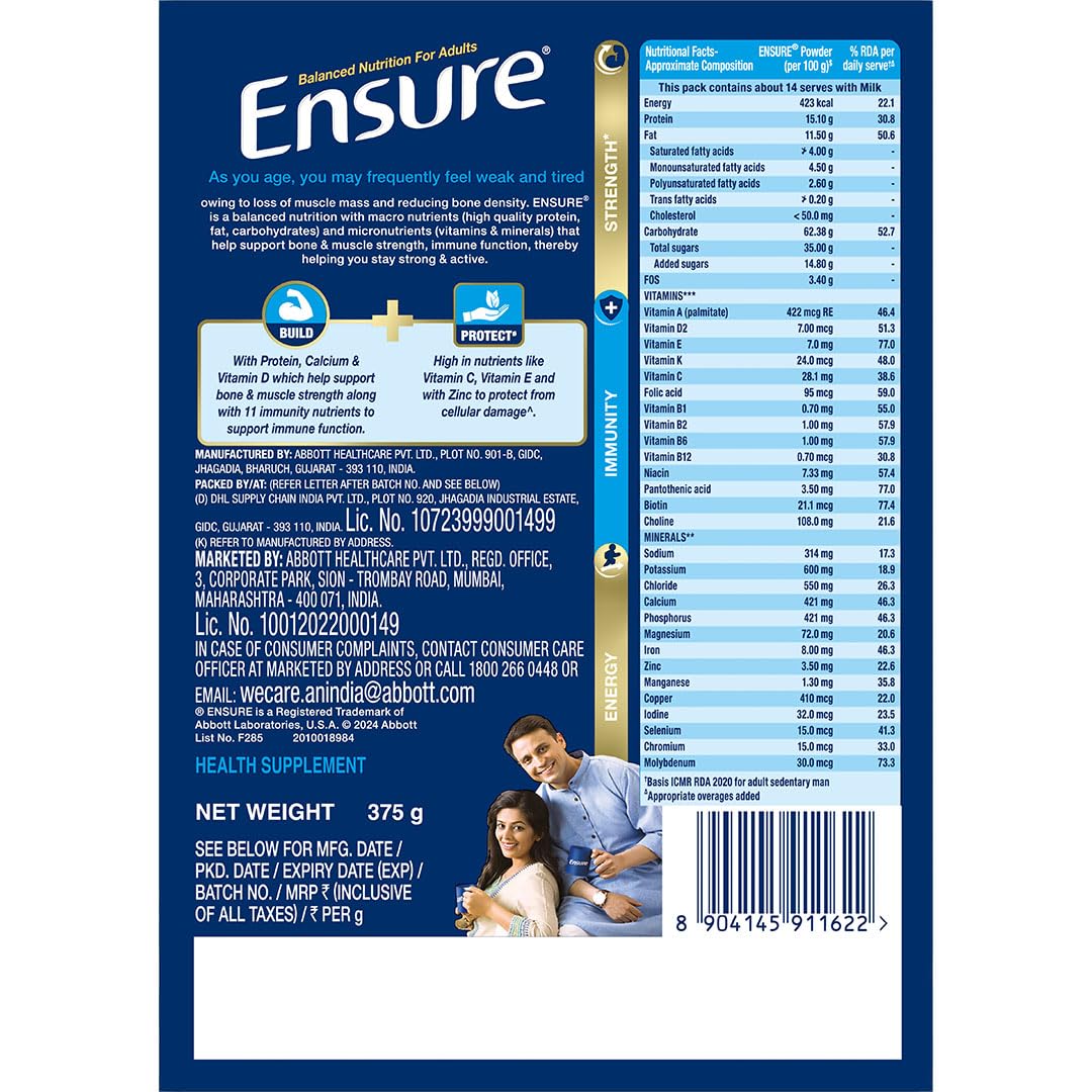 Ensure No 1 Nutritional Supplement Drink in the world 32 nutrients High Protein,Calcium,Vit D, Vanilla 400g/375g, Wt may vary
