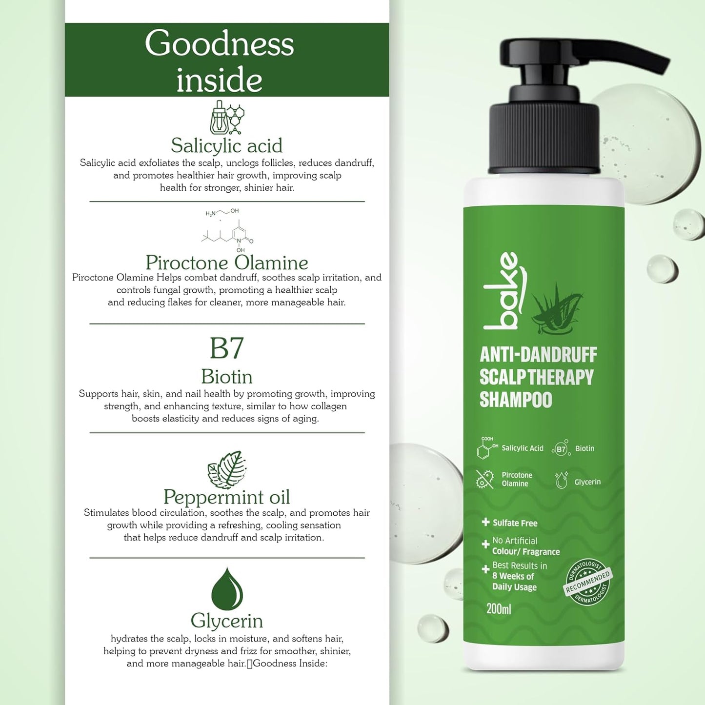 BAKE 2% Salicylic Acid Anti Dandruff Shampoo for Scalp Strengthening, Dry Itchy Scalp, For Men & Women - 200ml