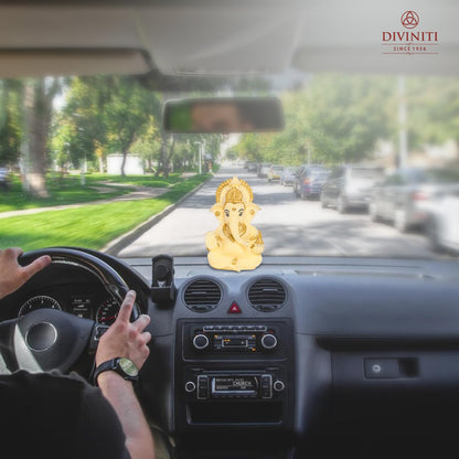 24K Gold Plated Resin Lord Ganesha Idol for Car Dashboard, Tabletop|Ganesh Statue for Good Luck and Success|Ganpati Murti for Home Decor Mandir, Office Desk Puja Gift Lime Yellow (8.4x4.2cm)