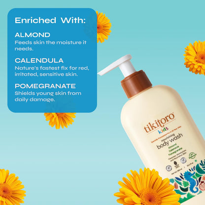 Tikitoro Kids Nourishing Body Wash | Pediatrician Approved | Vegan | Cleanses, Moisturizes & Nourishes Skin | Almond, Calendula, Pomegranate Extract | No Parabens & Sulphates, Age 4+ years (300ml)