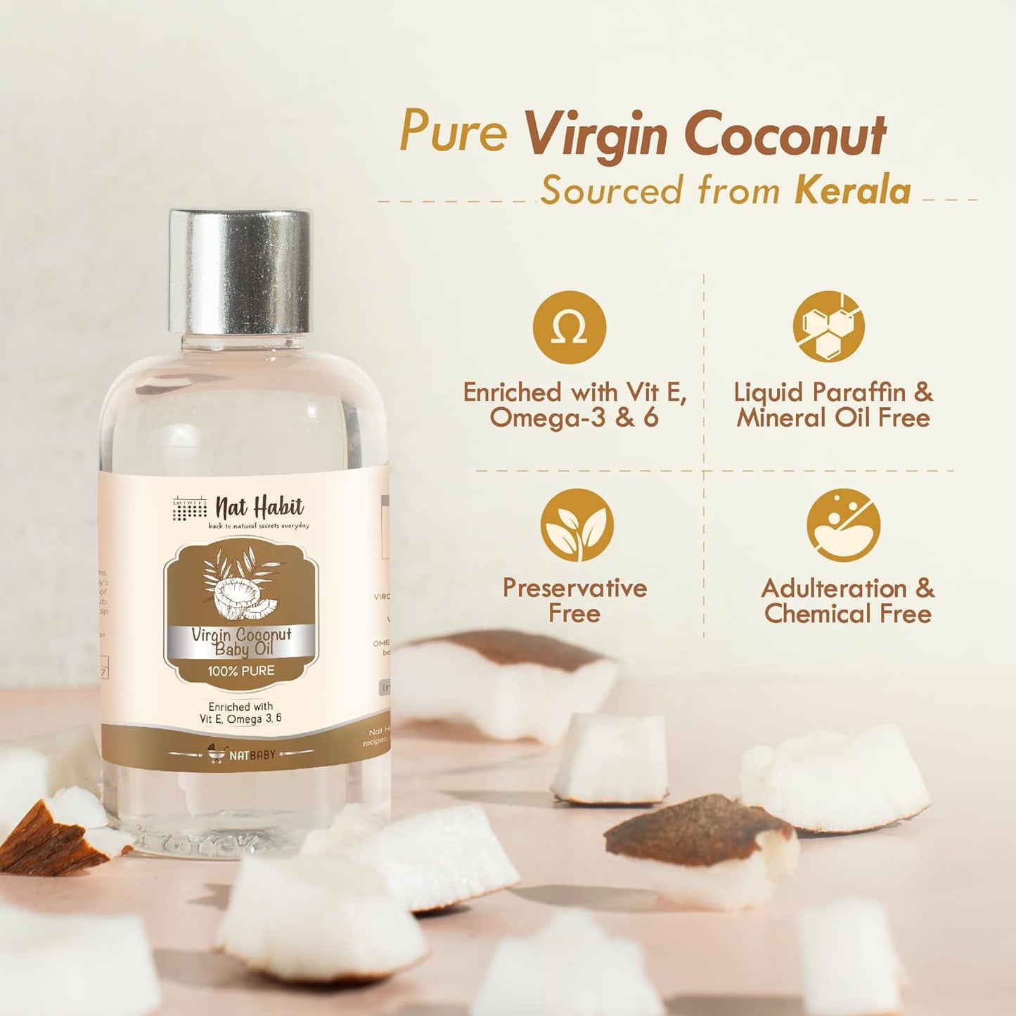 Nat Habit 100% Pure Virgin Coconut Baby Oil For Baby Skin & Hair, Enriched With Vit E & Omega-3, 6 Non-Refined, LLP Free, Chemical & Preservative Free - 200 ml