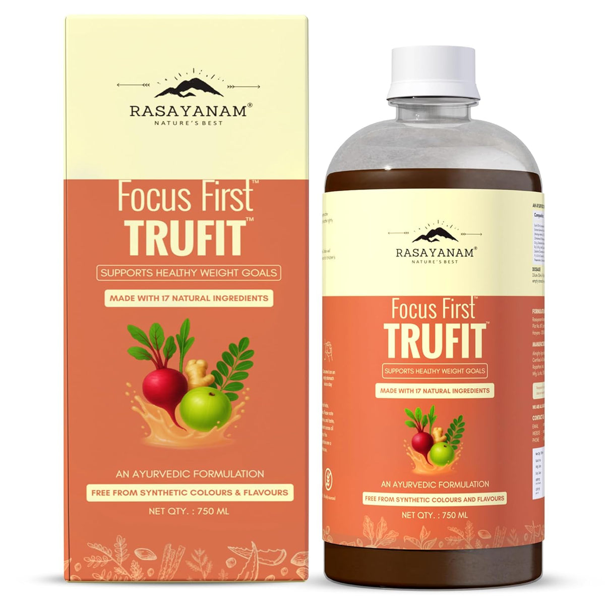 Rasayanam Focus First Trufit bottle and packaging on a white background
