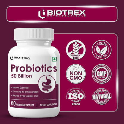 Biotrex Nutraceuticals Probiotics 50 Billion With 150mg Prebiotics Supplement For Gut Health - 60 Capsules