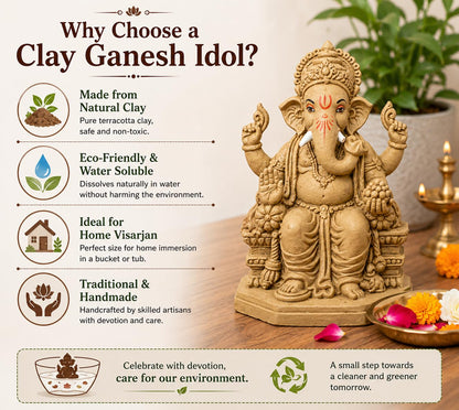 KSI Eco-Friendly Ganesha Idol Ganpati Murti for Home Visarjan Water Soluble Ganesh Idol 7 Inches Ganesh Without Paint Handcrafted Natural Clay Biodegradable Ganesha Statue