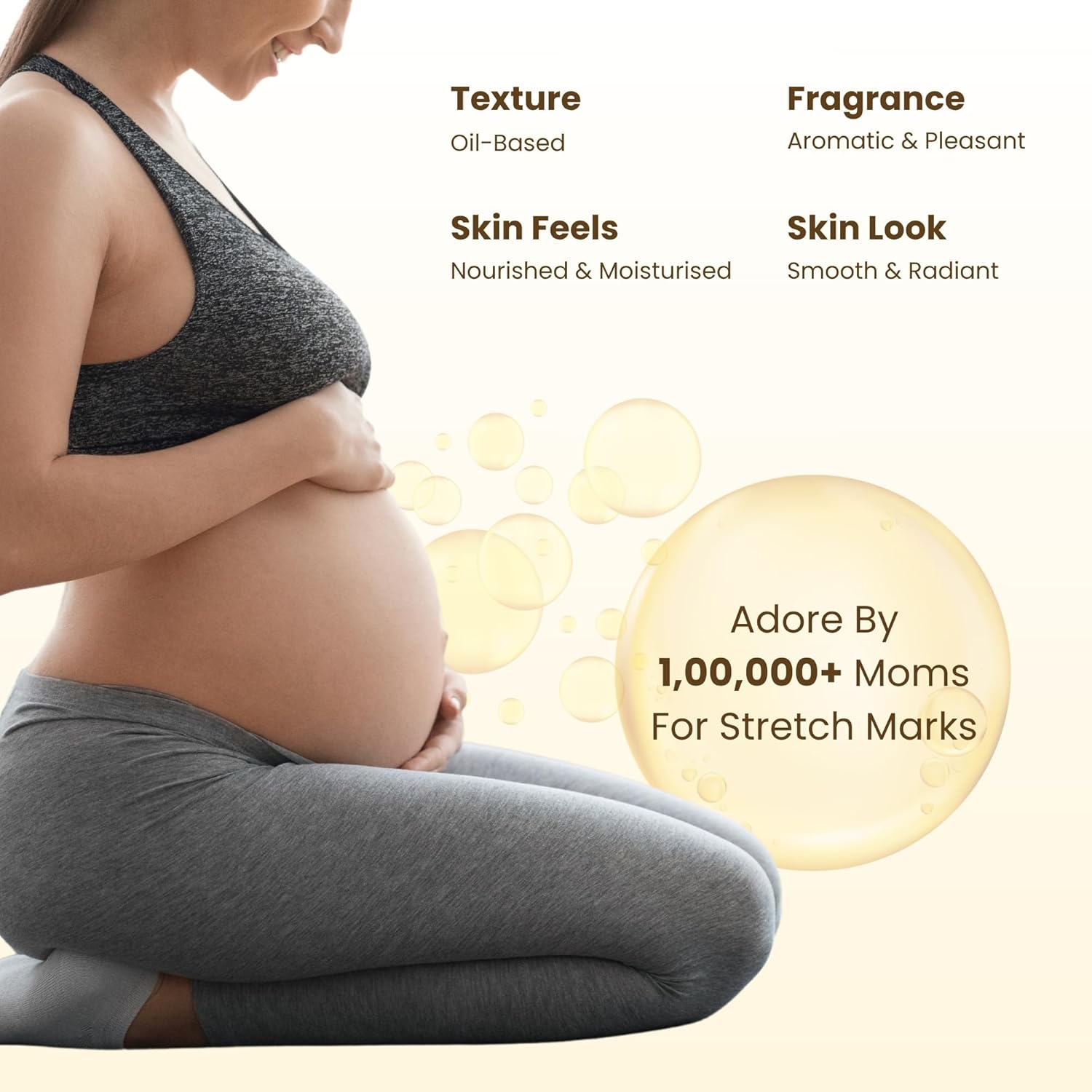 Pregnant woman wearing a gray outfit with product benefits text on a white background