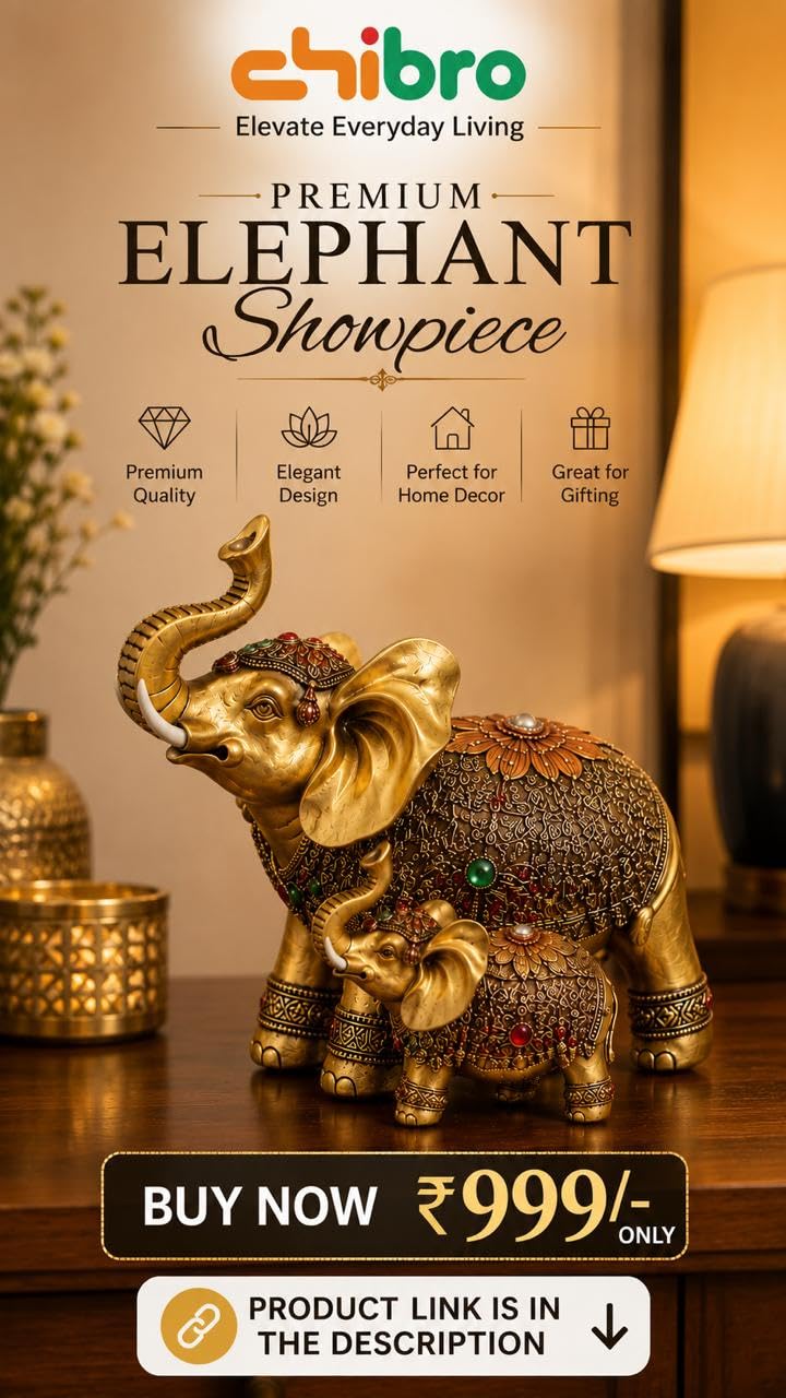 Decorative Elephant Showpiece for Home Décor | Resin Lucky Elephant Statue with Mother & Baby Design | Tabletop Feng Shui Good Luck Idol (Golden Elephant Family)