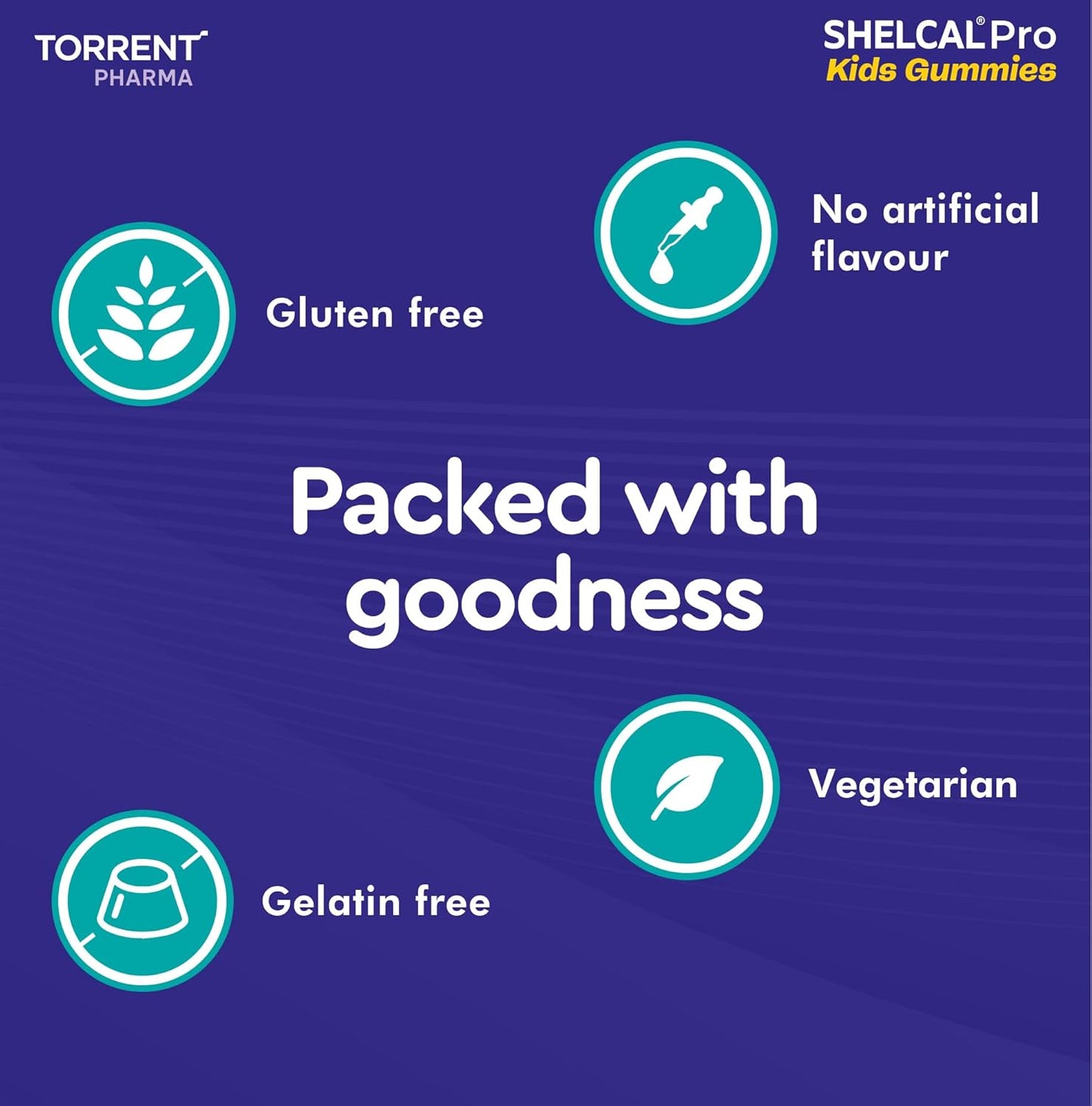 Product packaging with Torrent Pharma branding and claims of gluten-free, no artificial flavors, vegetarian, and gelatin-free nature on a blue background.