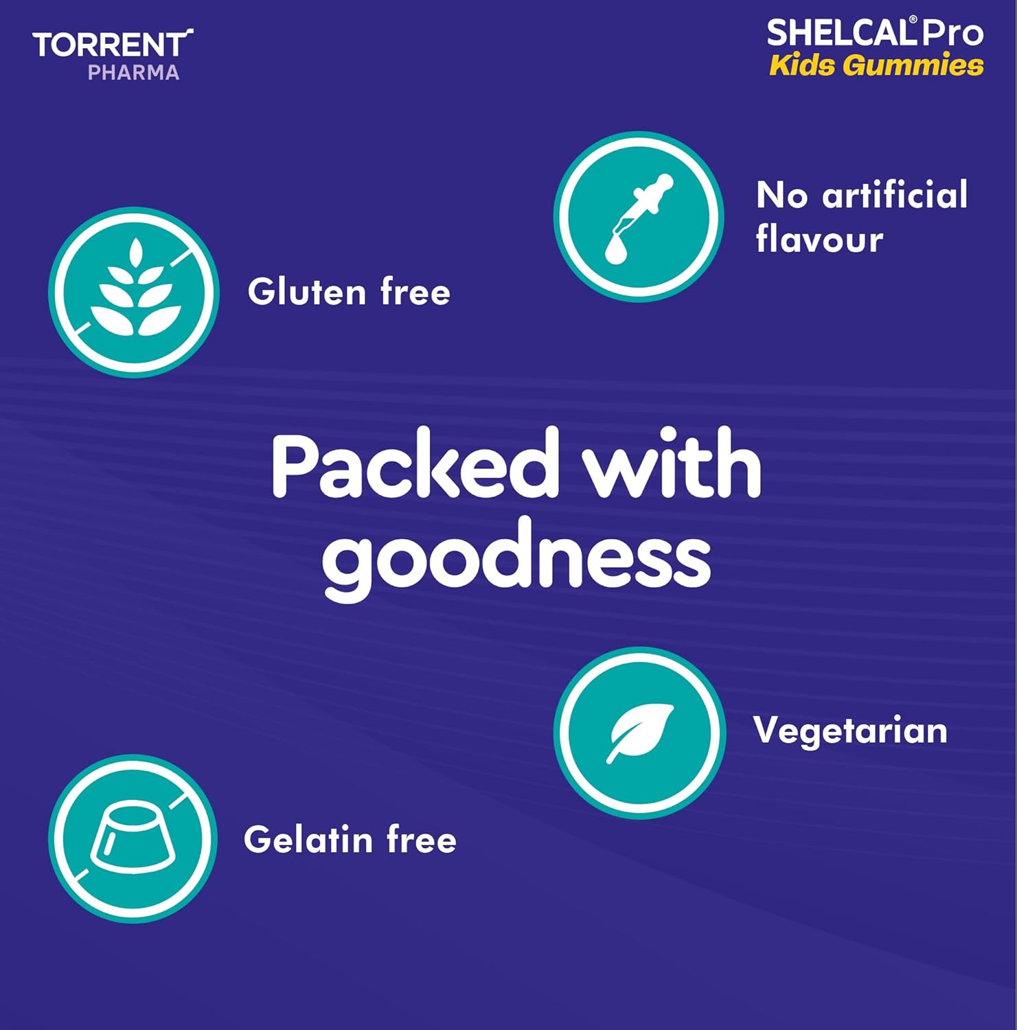 Product packaging with Torrent Pharma branding and claims of gluten-free, no artificial flavors, vegetarian, and gelatin-free nature on a blue background.