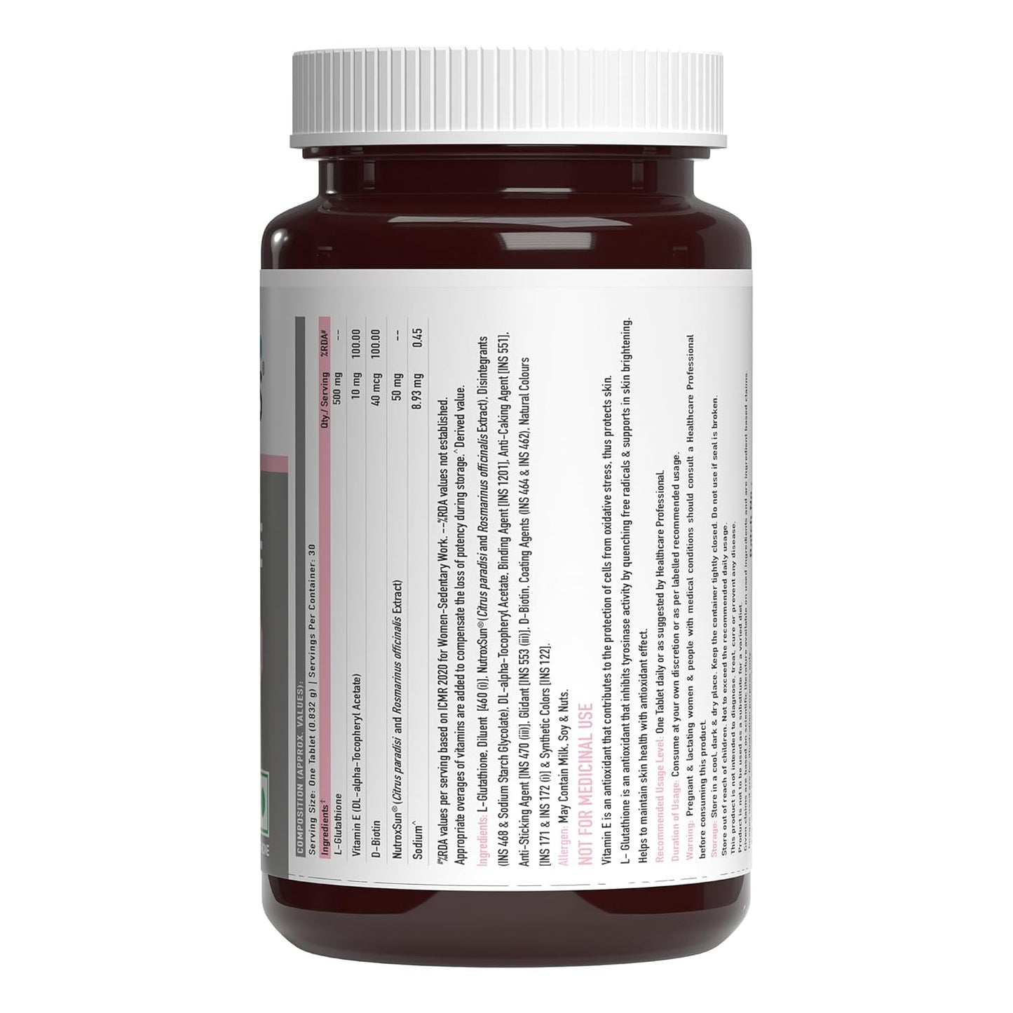 Vitamin supplement bottle with a white label on a white background
