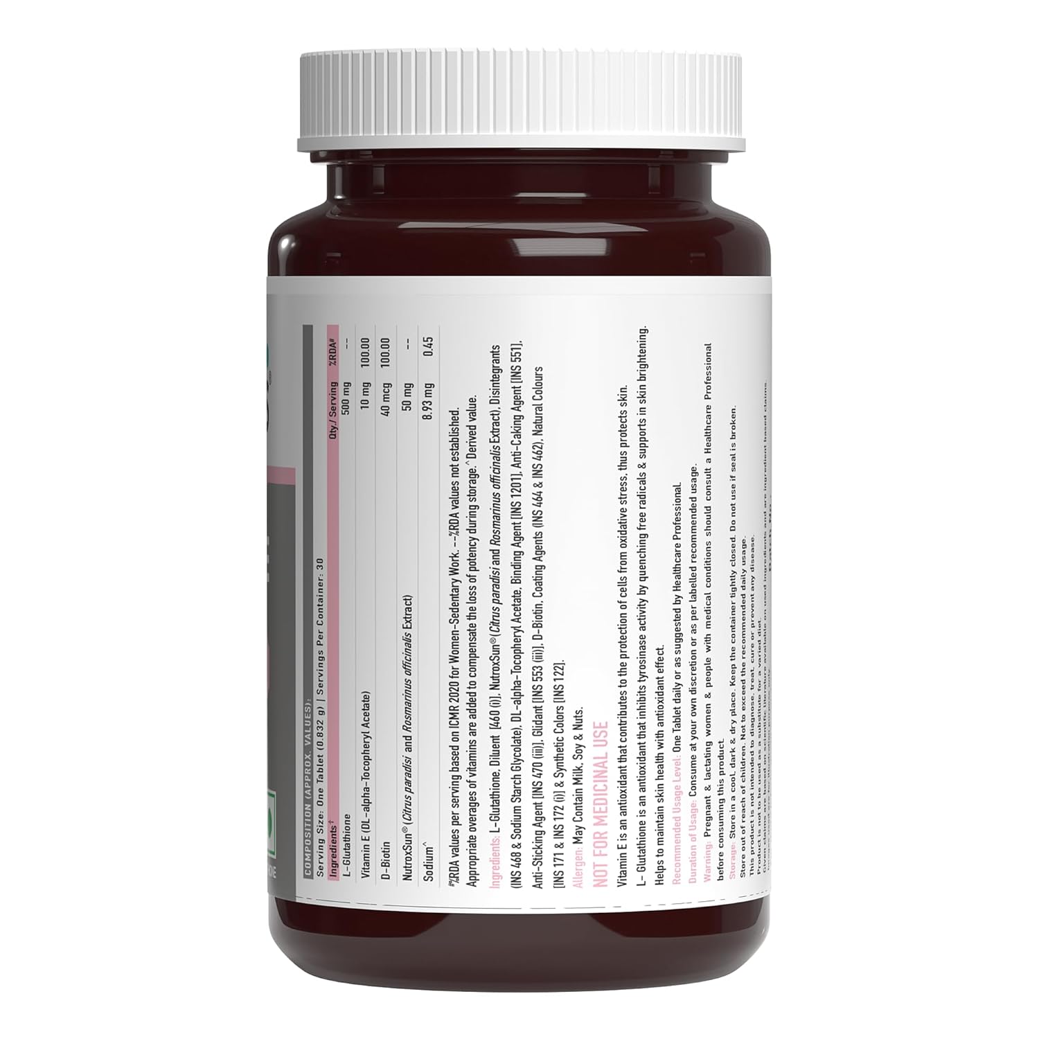 Vitamin supplement bottle with a white label on a white background