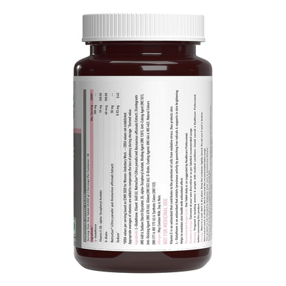Vitamin supplement bottle with a white label on a white background